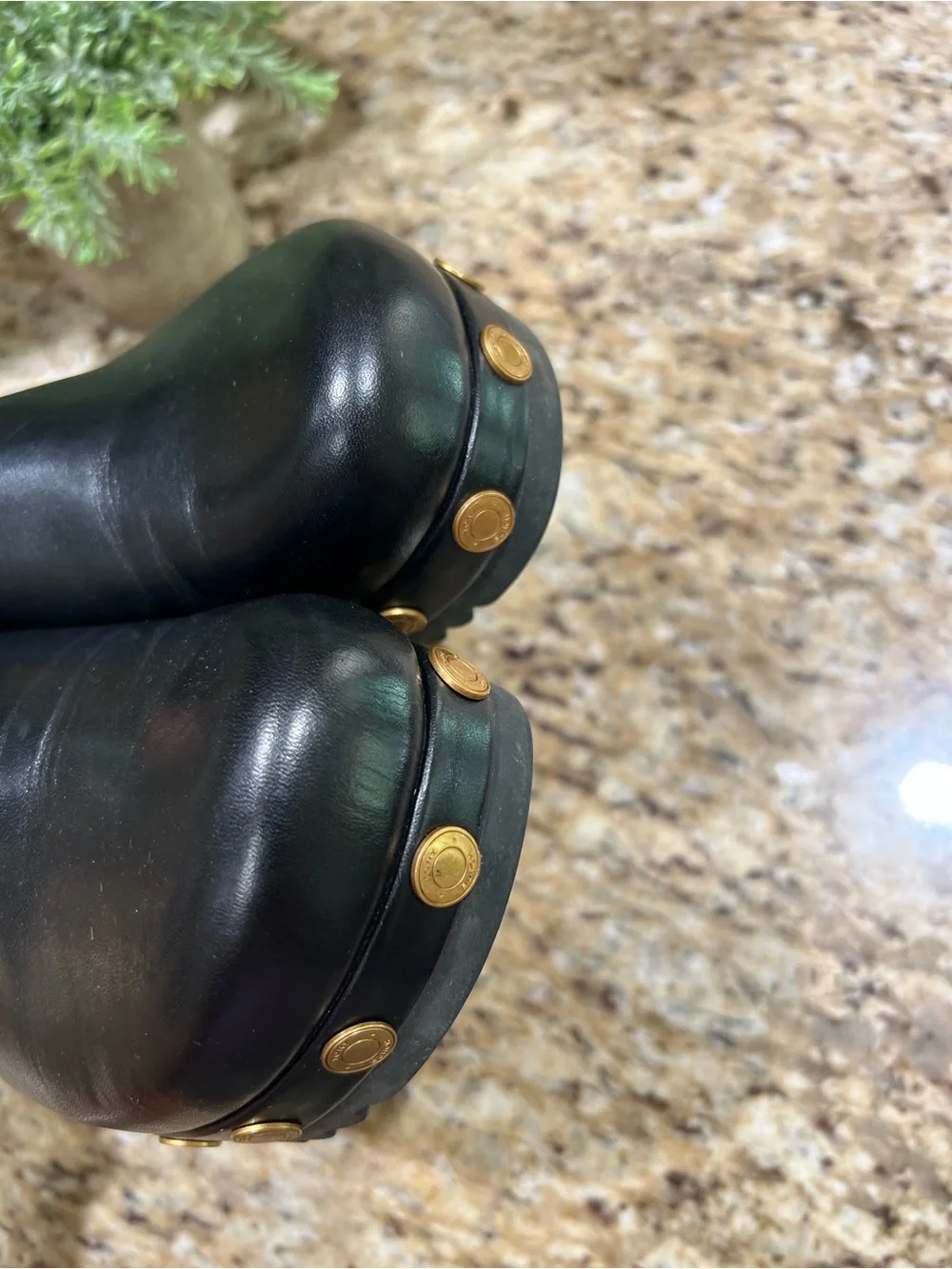 Tory Burch Black Leather Platform Mules with Gold Coins 6M